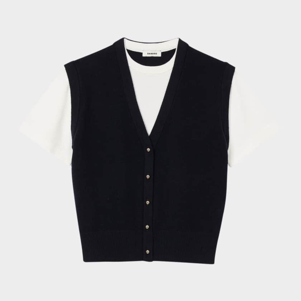 Sandro Black Knit Button Vest with White Tee